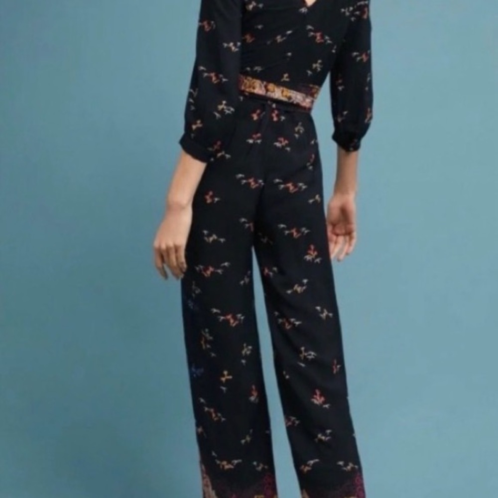 Anthropologie Feather Bone Nara Dark Floral Jumpsuit Sz 4 - Picture 2 of 13